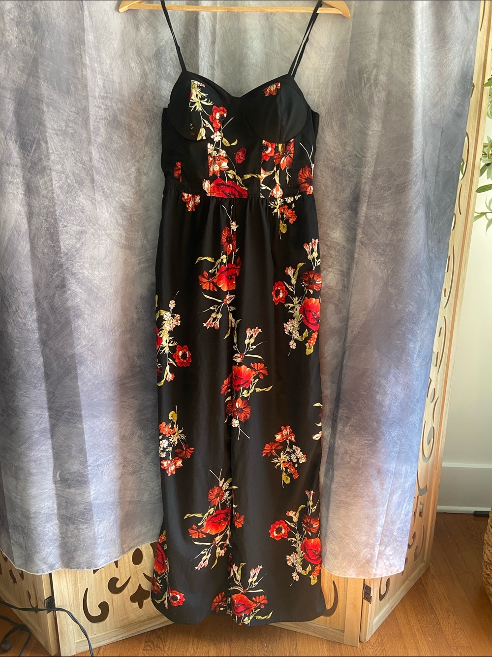 Land of Gypsies Black Floral Bustier Wide Leg Jumpsuit Red Poppy‎ Print Small
